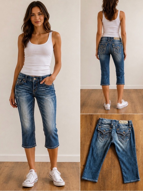 Rock Revival Denim - Rock Revival Women's Medium Blue Cropped Capri Jeans Y2K Fashion 28